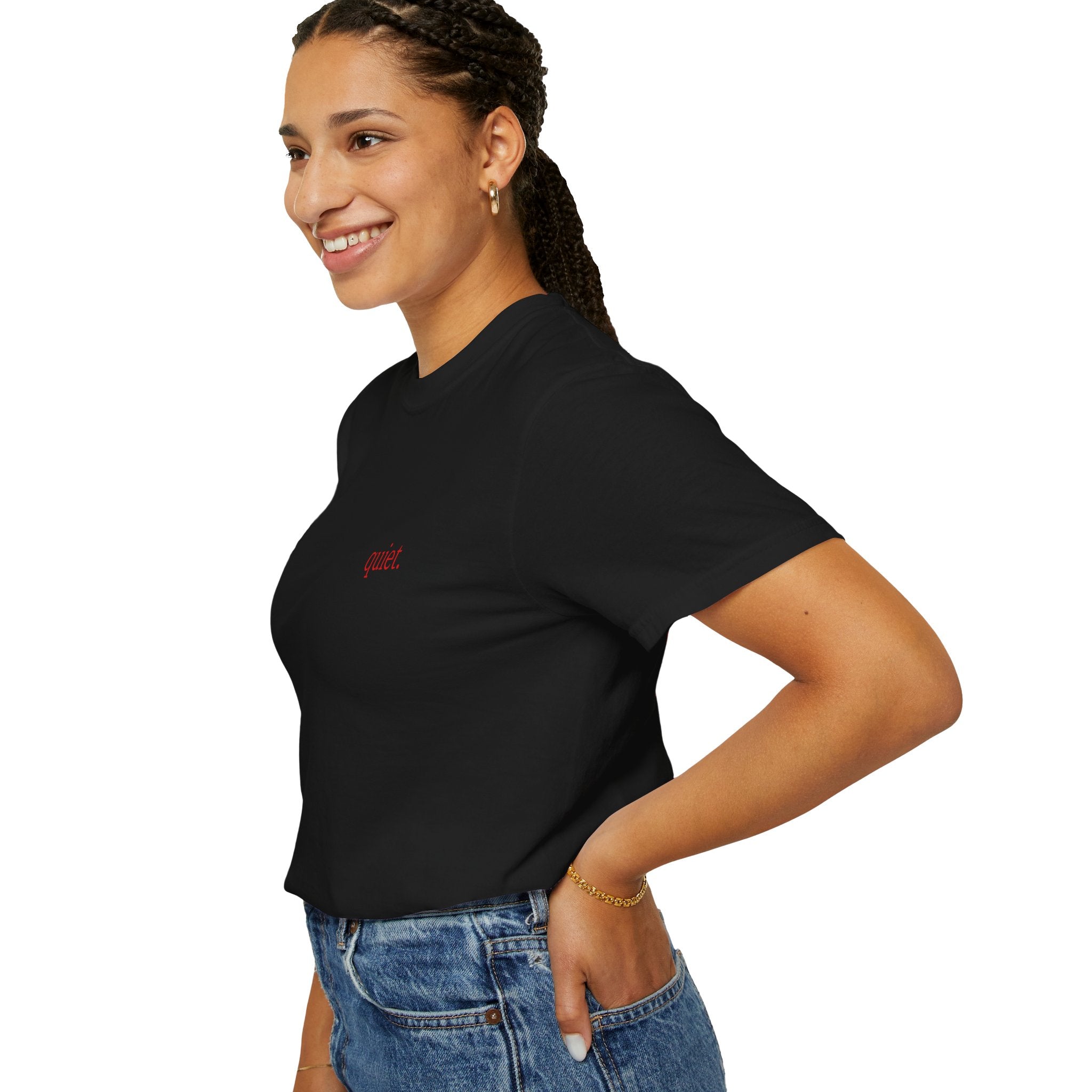 Woman wearing a Black t-shirt and blue jeans on a white background