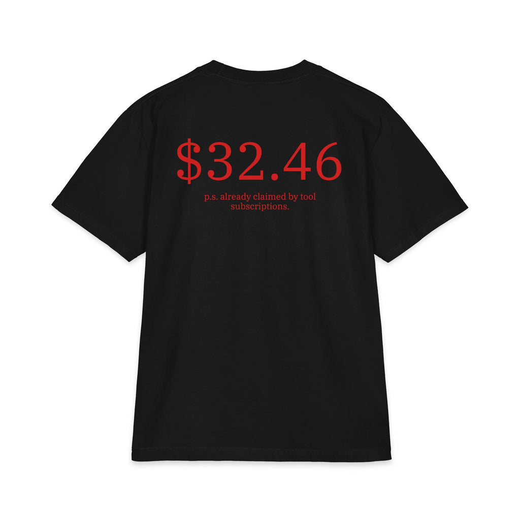 A Black short-sleeve t-shirt shown from the back, featuring a red graphic print that reads '$32.46' with smaller text underneath reading 'p.s. already claimed by tool subscriptions.'