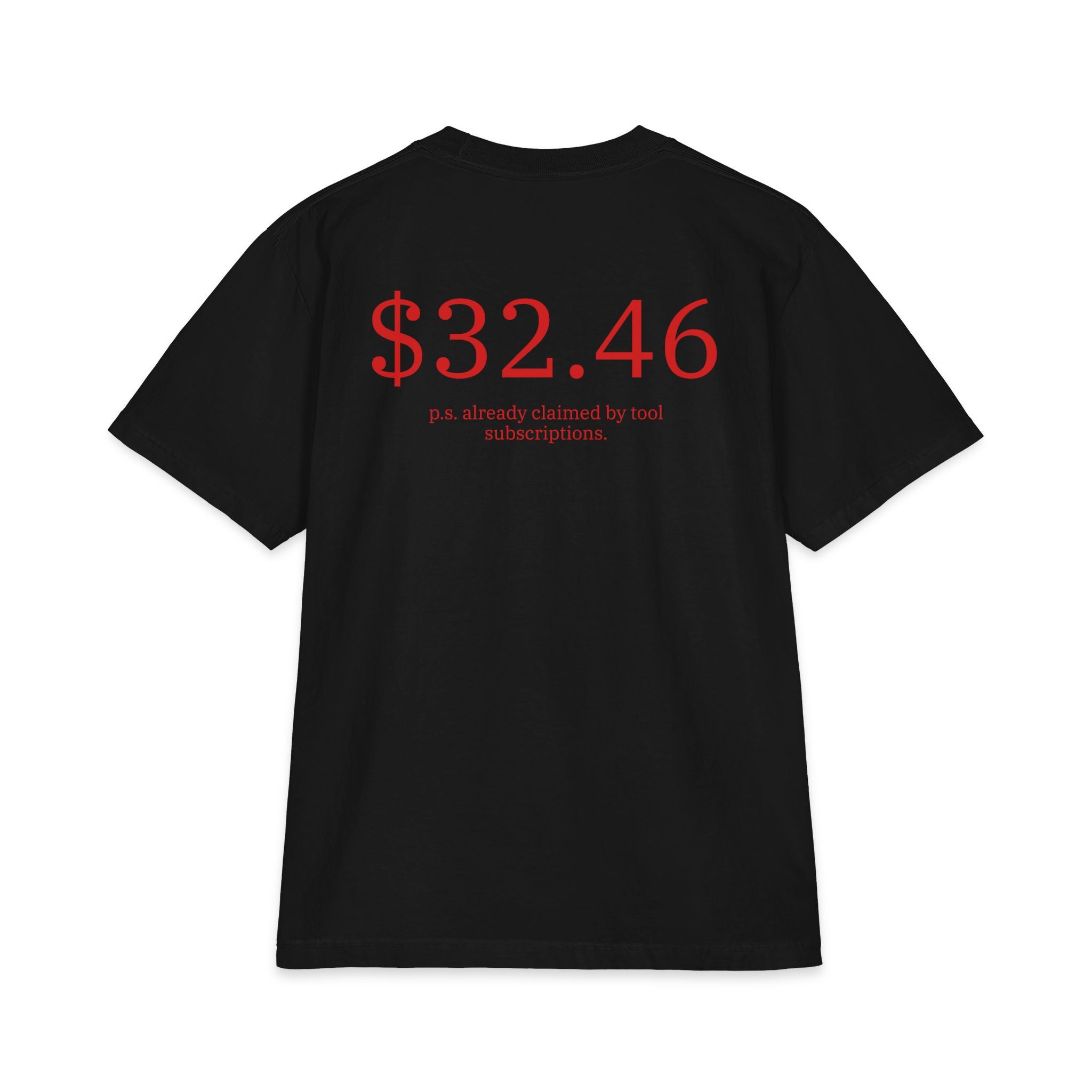 A Black short-sleeve t-shirt shown from the back, featuring a red graphic print that reads '$32.46' with smaller text underneath reading 'p.s. already claimed by tool subscriptions.'