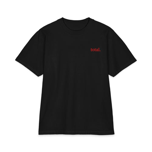 Black t-shirt with red text on a white background