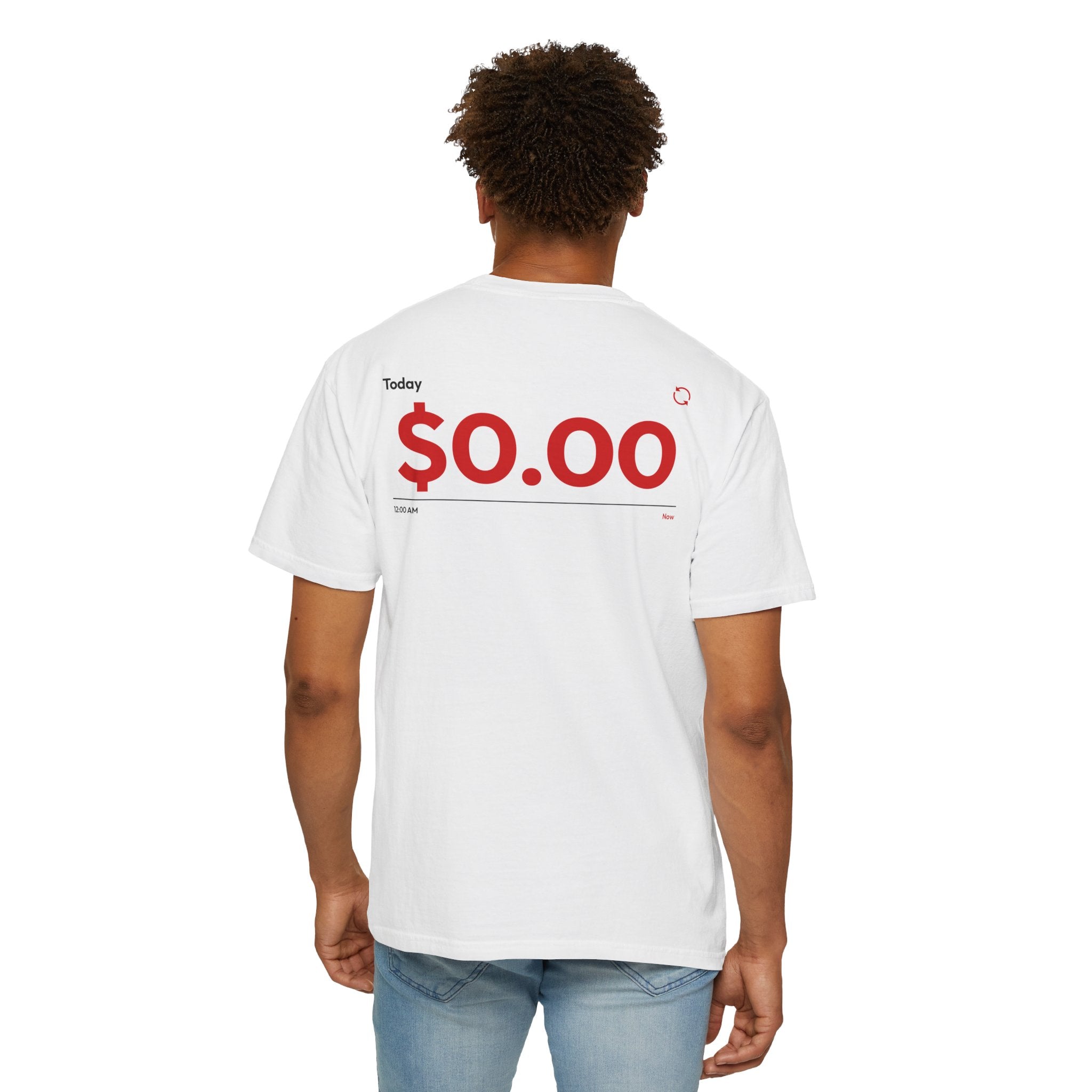 Person wearing a White t-shirt with red $0.00 text on a white background