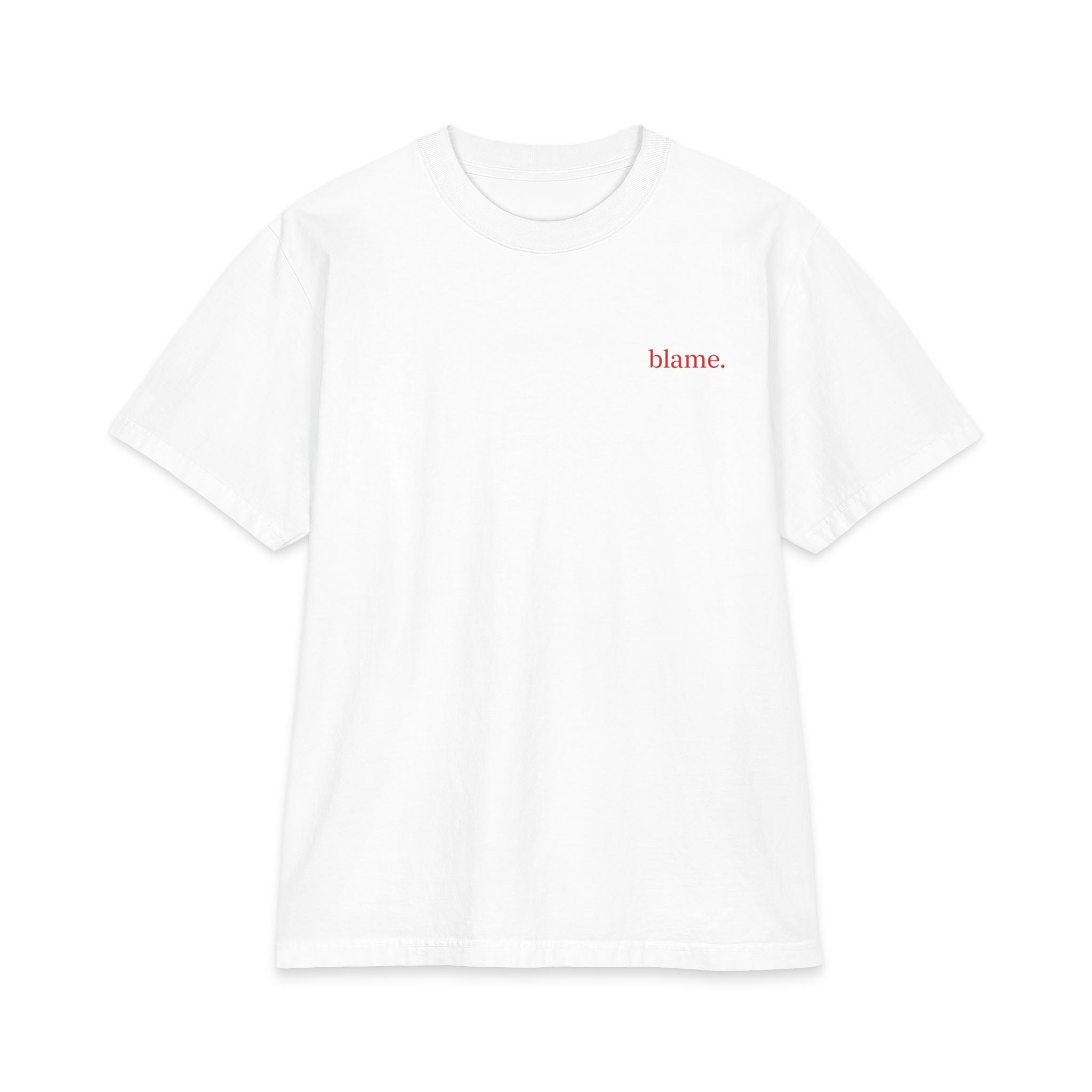 A White short-sleeve crewneck t-shirt with the word 'blame.' printed in a small red serif font on the left chest, displayed against a solid white background.
