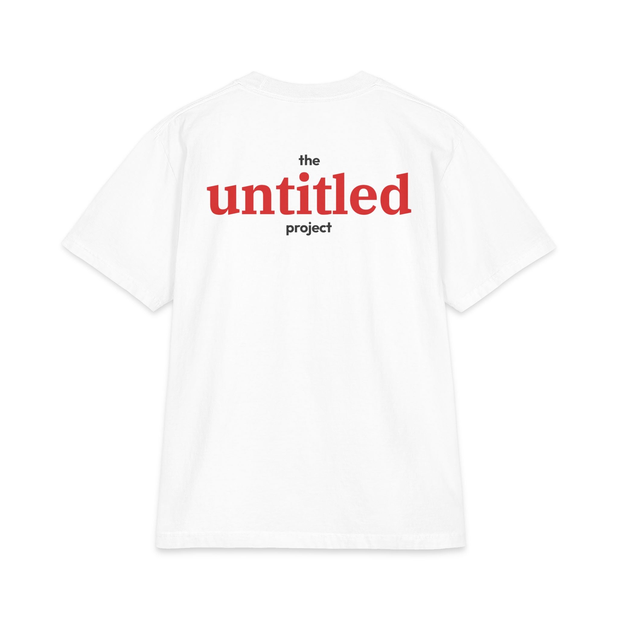 A White short-sleeve t-shirt shown from the back, featuring the text 'the untitled project' printed in red and black on the upper back.