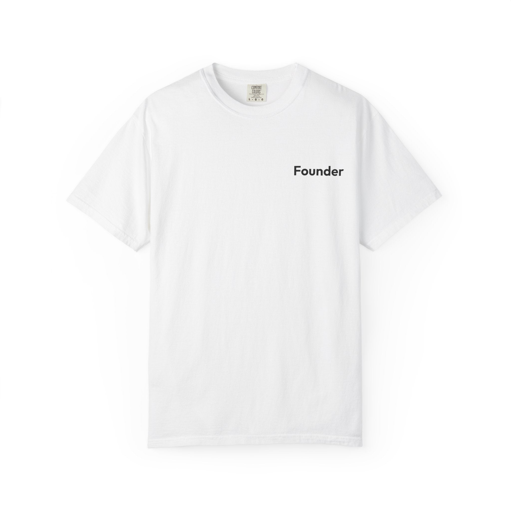 White t-shirt with a text saying founder on a white background