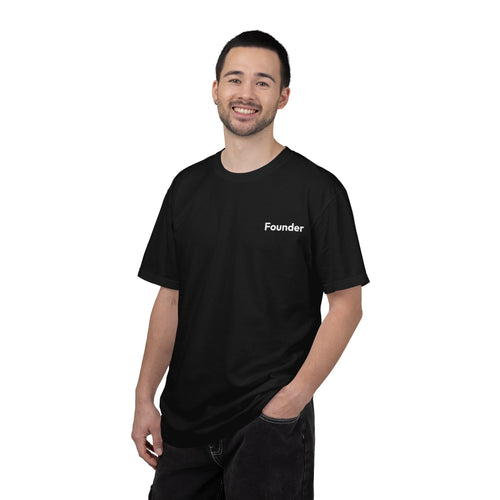 Man wearing a Black t-shirt with a small white text on a white background