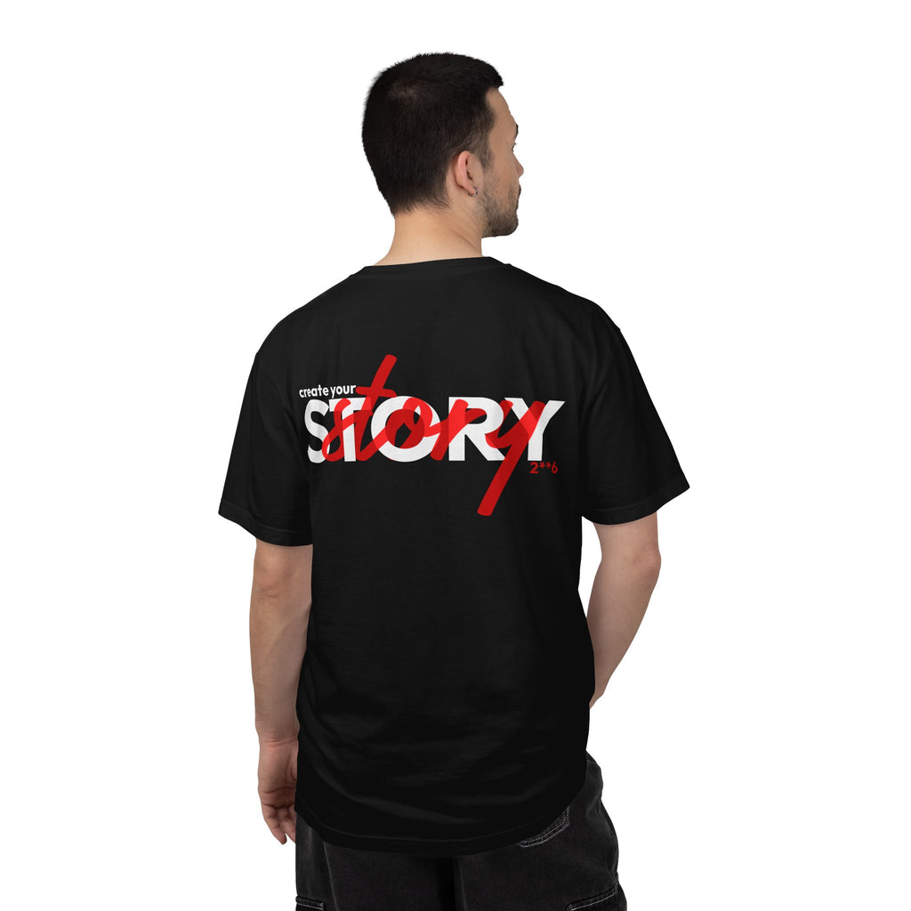 Person wearing a Black t-shirt with 'Create Your Story' text on the back, on a white background
