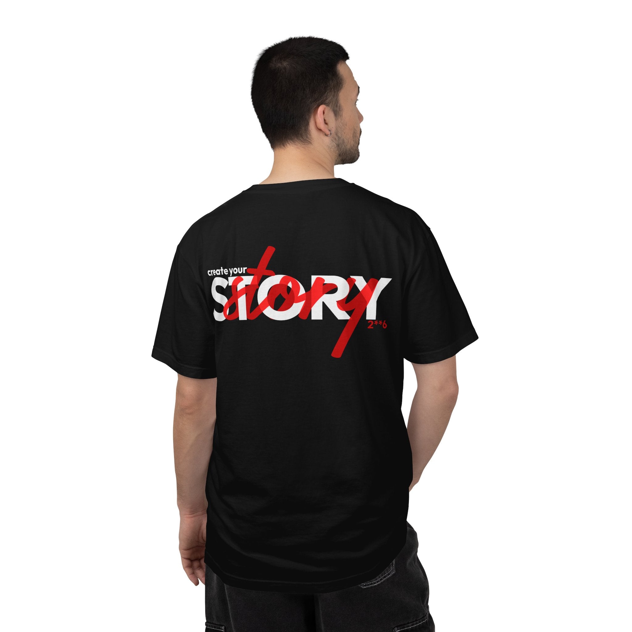 Person wearing a Black t-shirt with 'Create Your Story' text on the back, on a white background