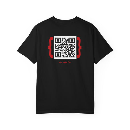 Black comfort color 1717 t-shirt with a QR code and "version:live" text on the Back