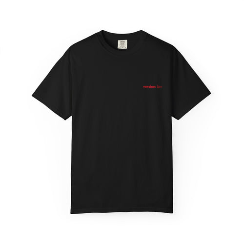 Black comfort color 1717 t-shirt with "version:live" text on the front