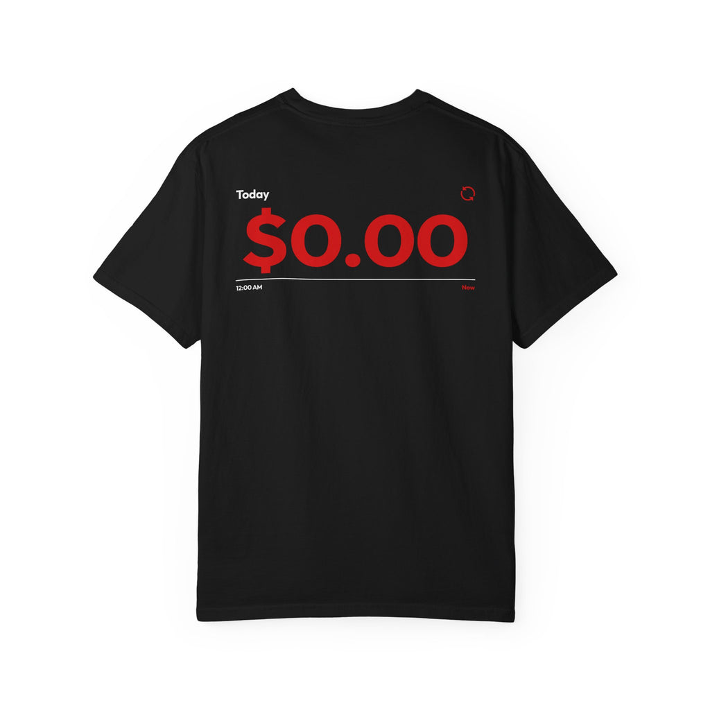 Black t-shirt with $0.00 text on a white background