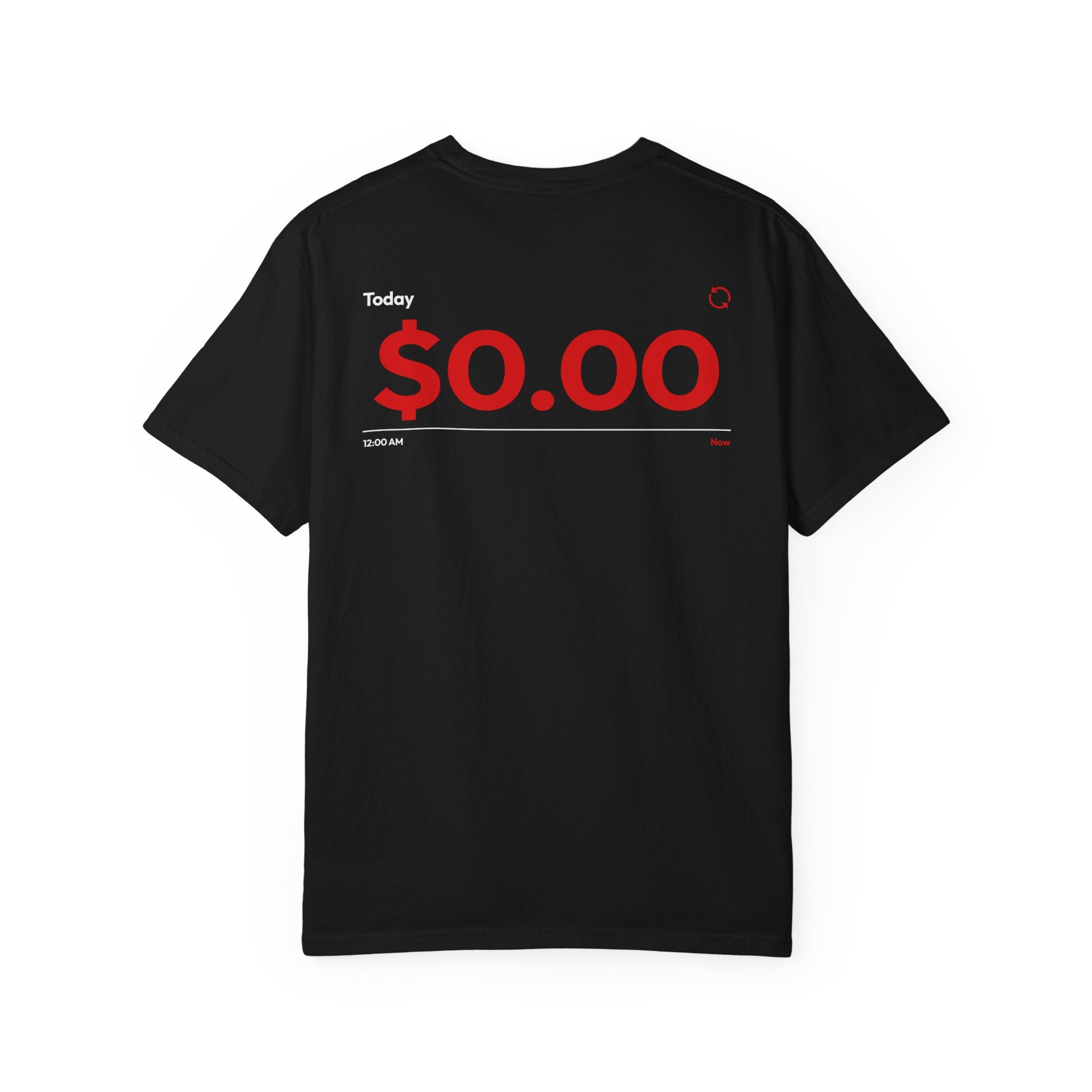 Black t-shirt with $0.00 text on a white background