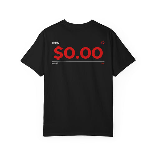 Black t-shirt with $0.00 text on a white background