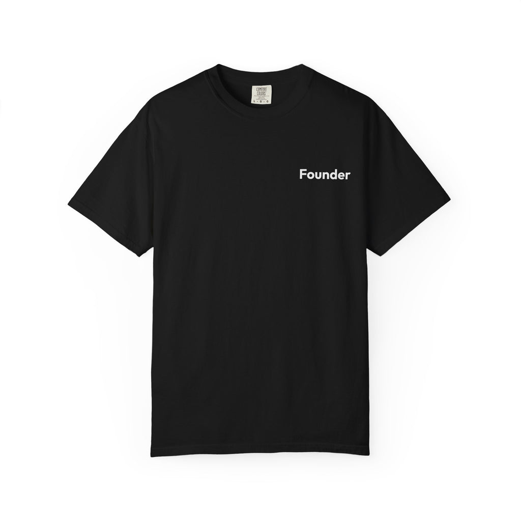 Black t-shirt with a small white text on a white background
