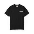 Black t-shirt with a small white text on a white background