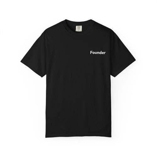 Black t-shirt with a small white text on a white background