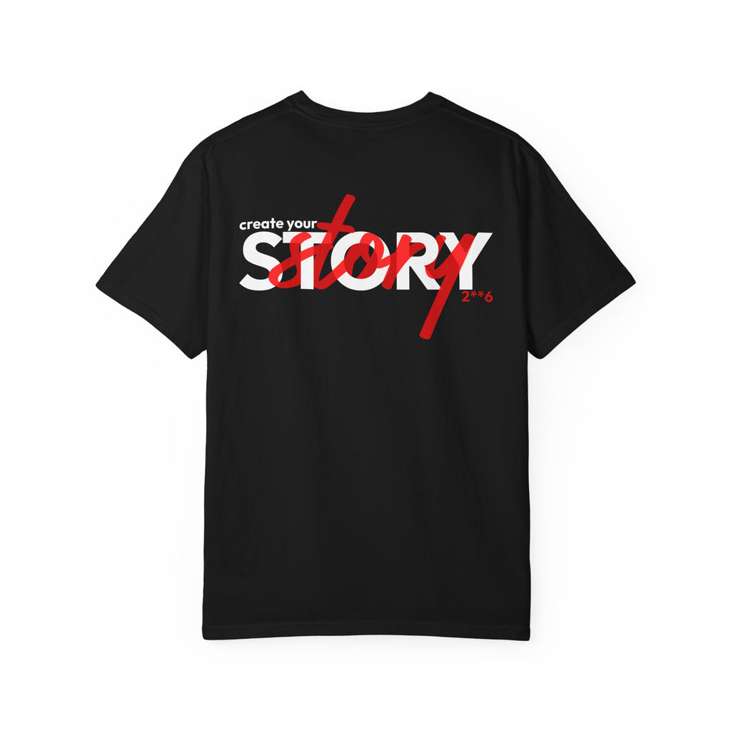 Black t-shirt with 'create your story' text on a white background