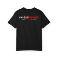 Black t-shirt with 'entrepreneur building something from nothing' text on a white background