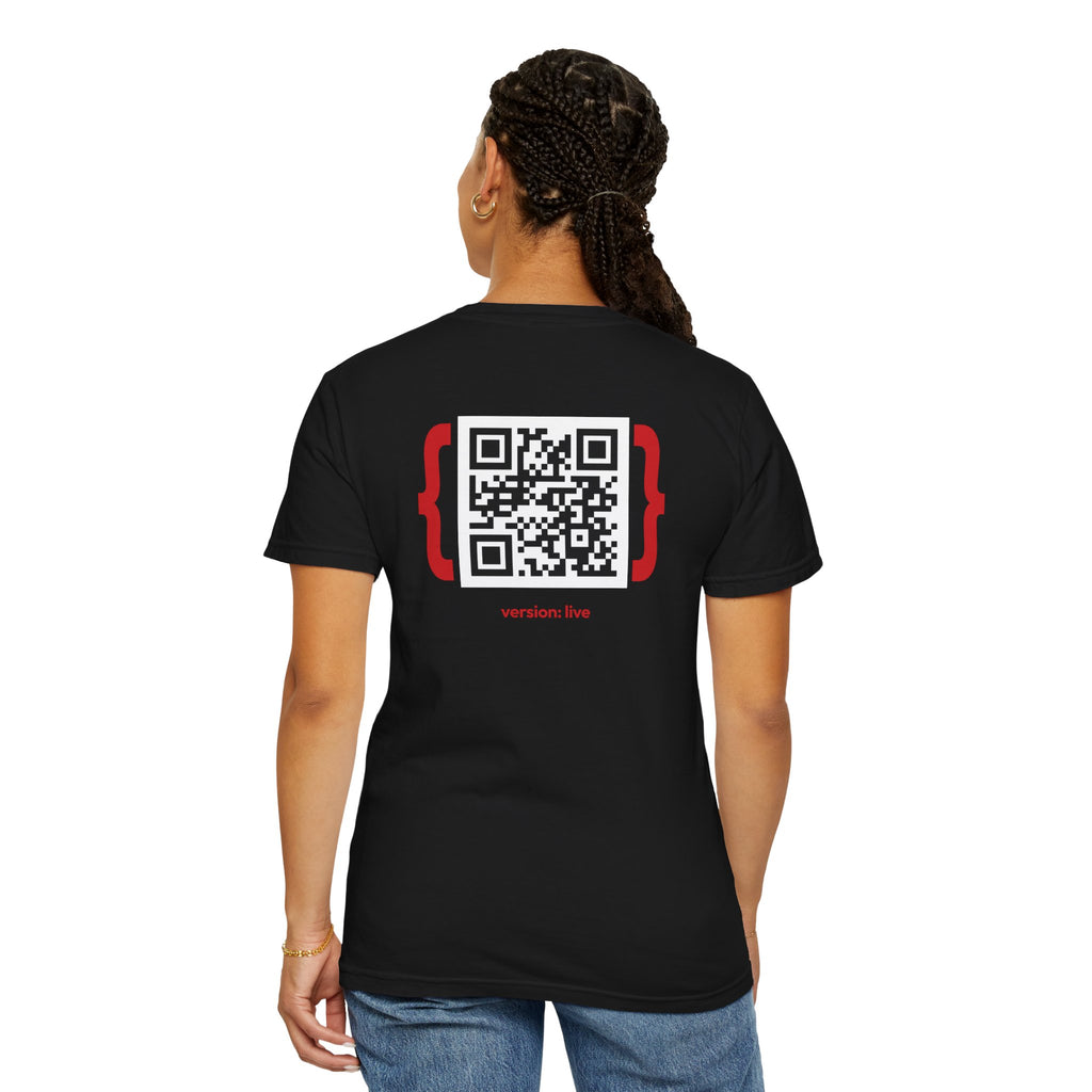 Person wearing a Black t-shirt with a QR code on the back