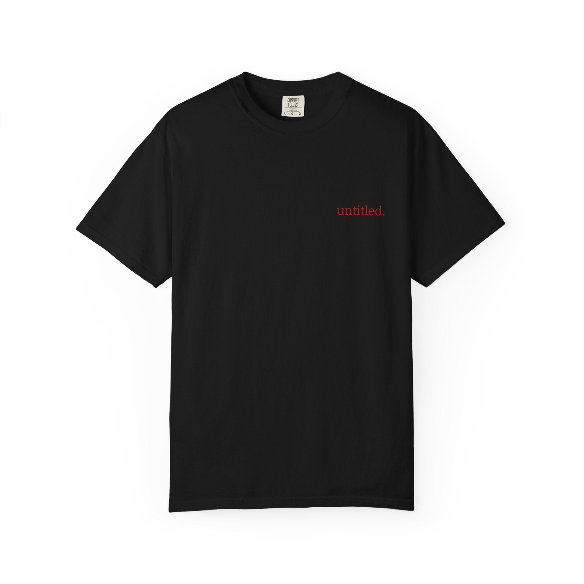 Black comfort color 1717 zeromode t-shirt with "untitled." text on the front in red color.