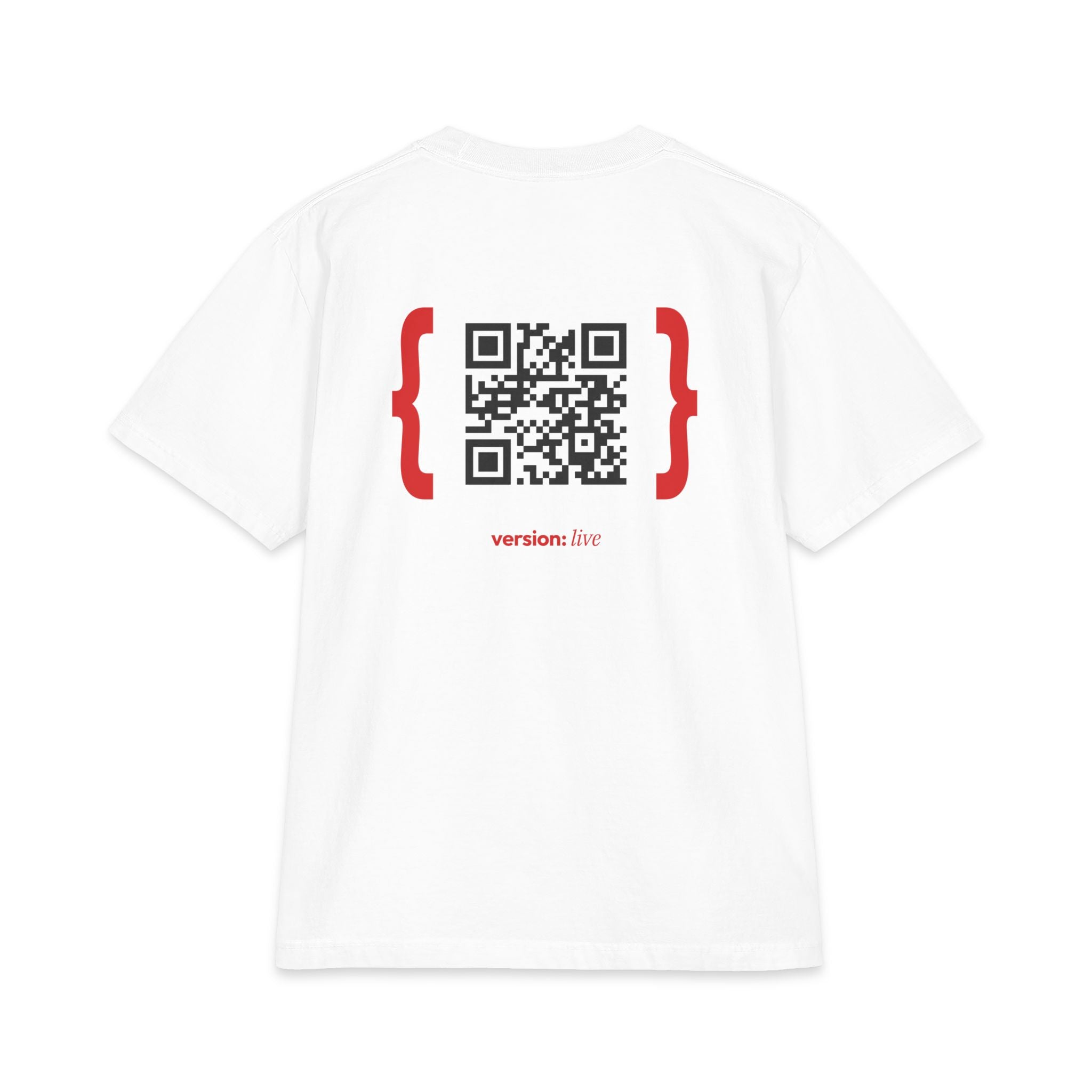 A White short-sleeve t-shirt shown from the back, featuring a black and red QR code graphic framed by red curly braces, with the text 'versions. live' printed in red below.