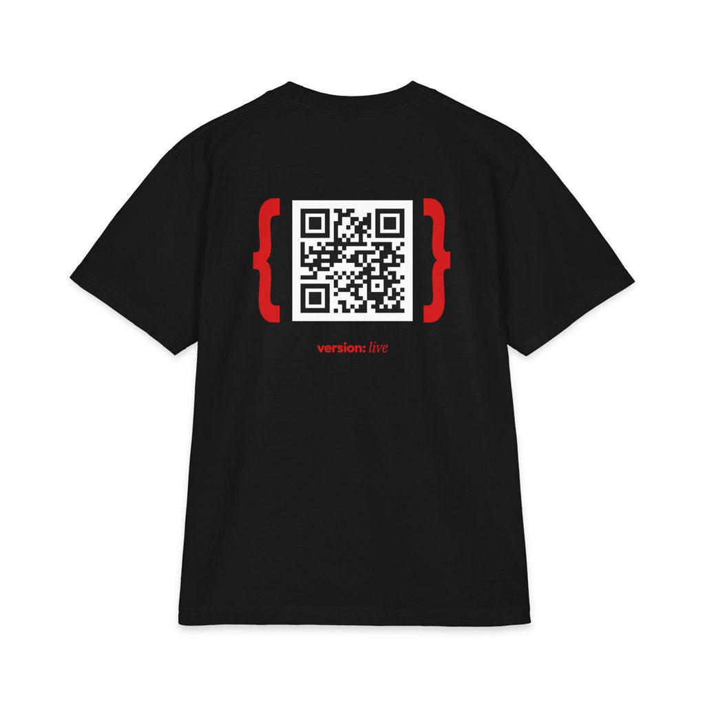Black t-shirt with 'version:live' text and a qr code printed on it against a white background