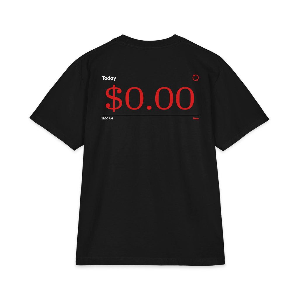 A Black short-sleeve t-shirt shown from the back, featuring a red graphic print that reads '$0.00' with 'Today' and '10:00 AM' in white text.