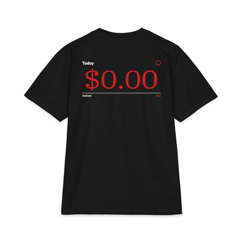A Black short-sleeve t-shirt shown from the back, featuring a red graphic print that reads '$0.00' with 'Today' and '10:00 AM' in white text.