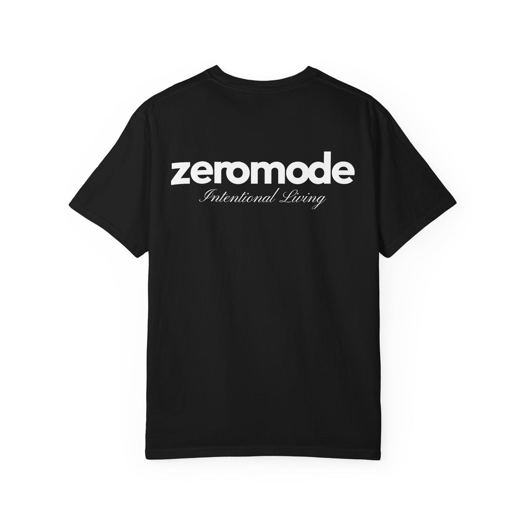 Black t-shirt with white text on a white background