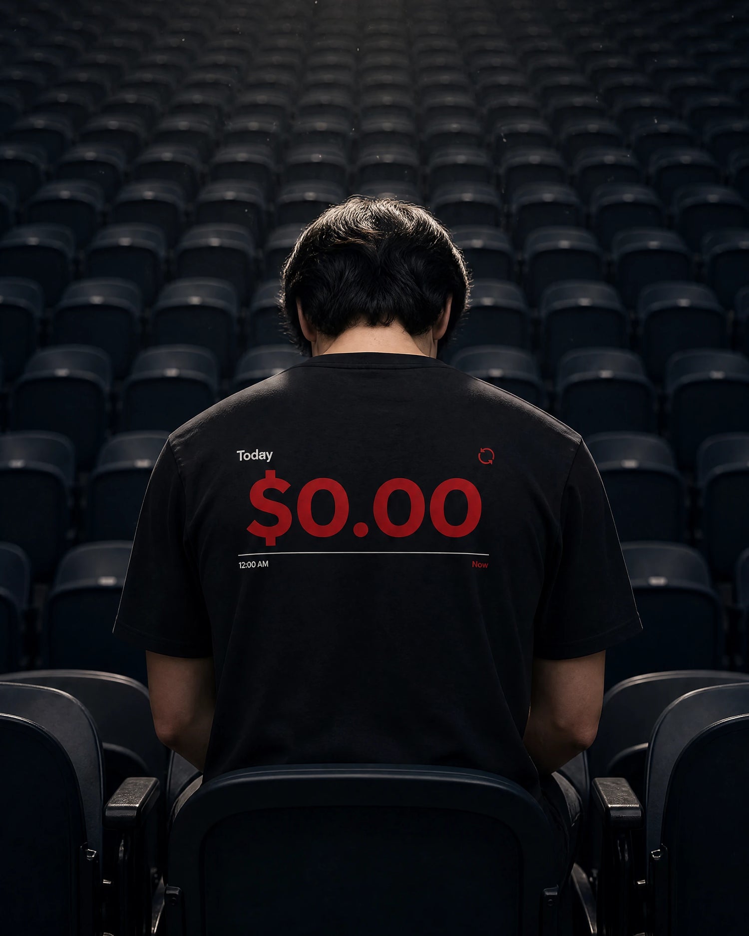 Person wearing a black t-shirt with a dollar sign and text in an empty theater