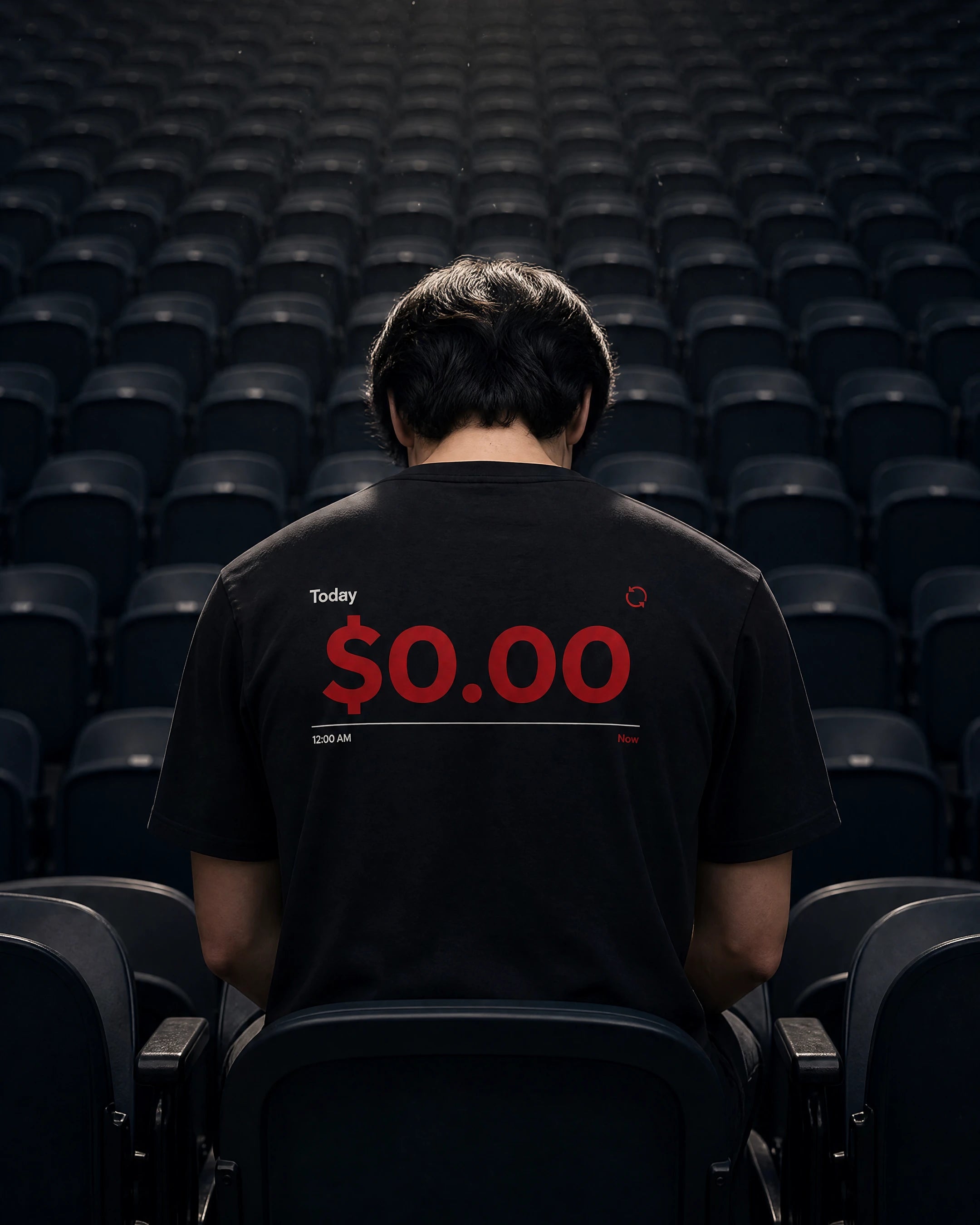 Person wearing a black t-shirt with a dollar sign and text in an empty theater