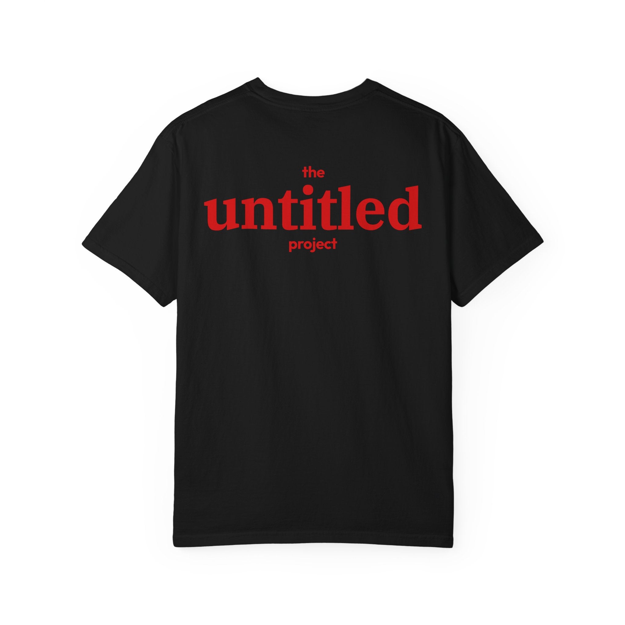 Black comfort color 1717 zeromode t-shirt with "the untitled project" text on the back in red color.