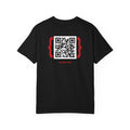 Black t-shirt with a QR code on it.