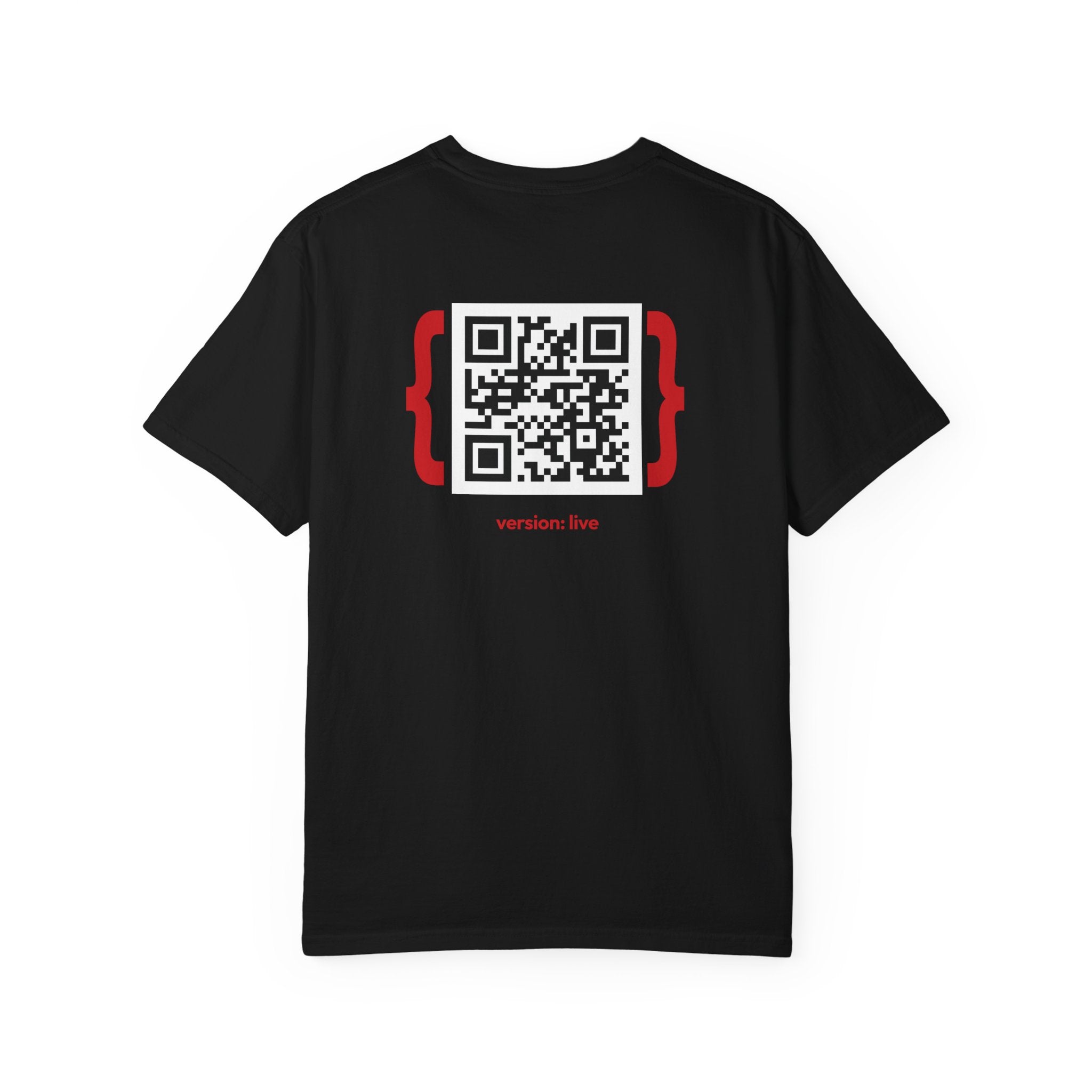 Black t-shirt with a QR code on it.
