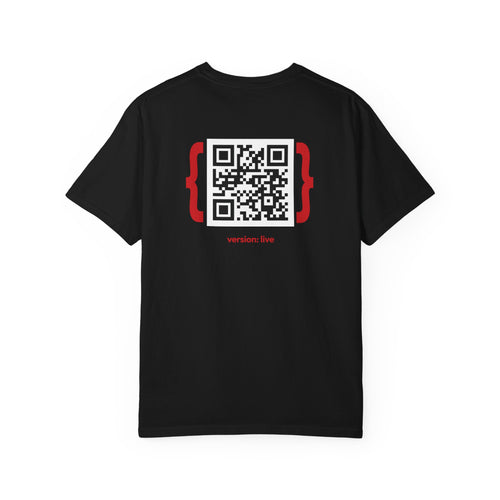 Black t-shirt with a QR code on it.