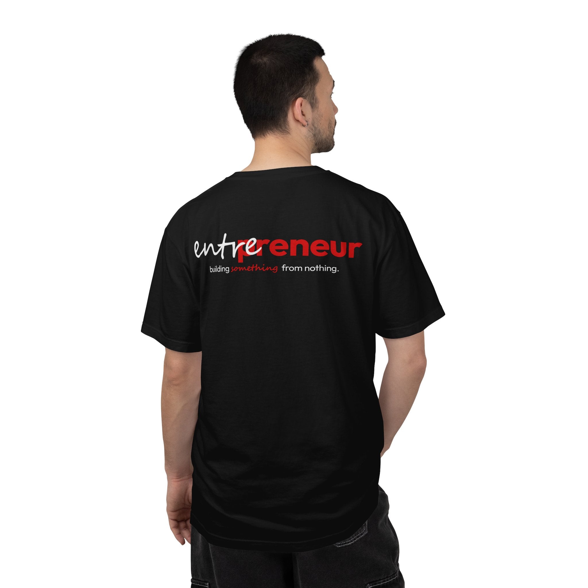 Man wearing a Black t-shirt with 'entrepreneur' printed on the back against a white background
