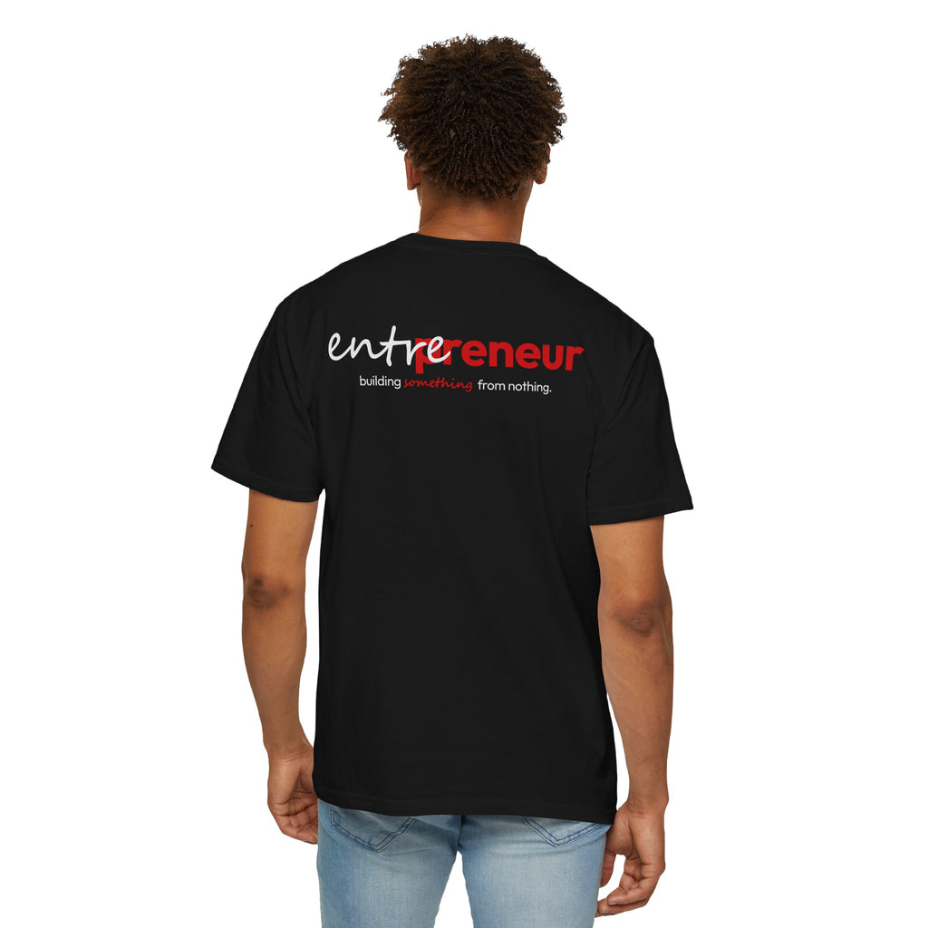 Person wearing a Black t-shirt with 'entrepreneur' logo on the back, standing against a white background.
