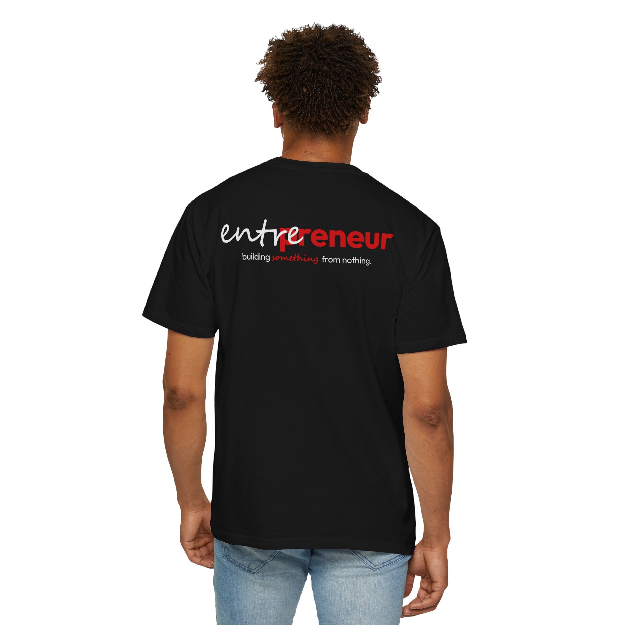 Person wearing a Black t-shirt with 'entrepreneur' logo on the back, standing against a white background.