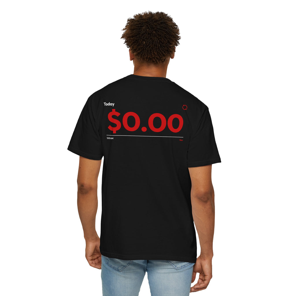Person wearing a Black t-shirt with $0.00 text on a white background