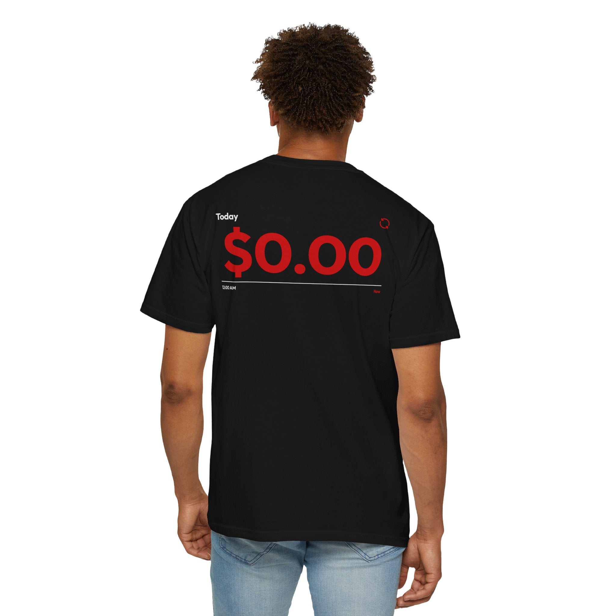 Person wearing a Black t-shirt with $0.00 text on a white background