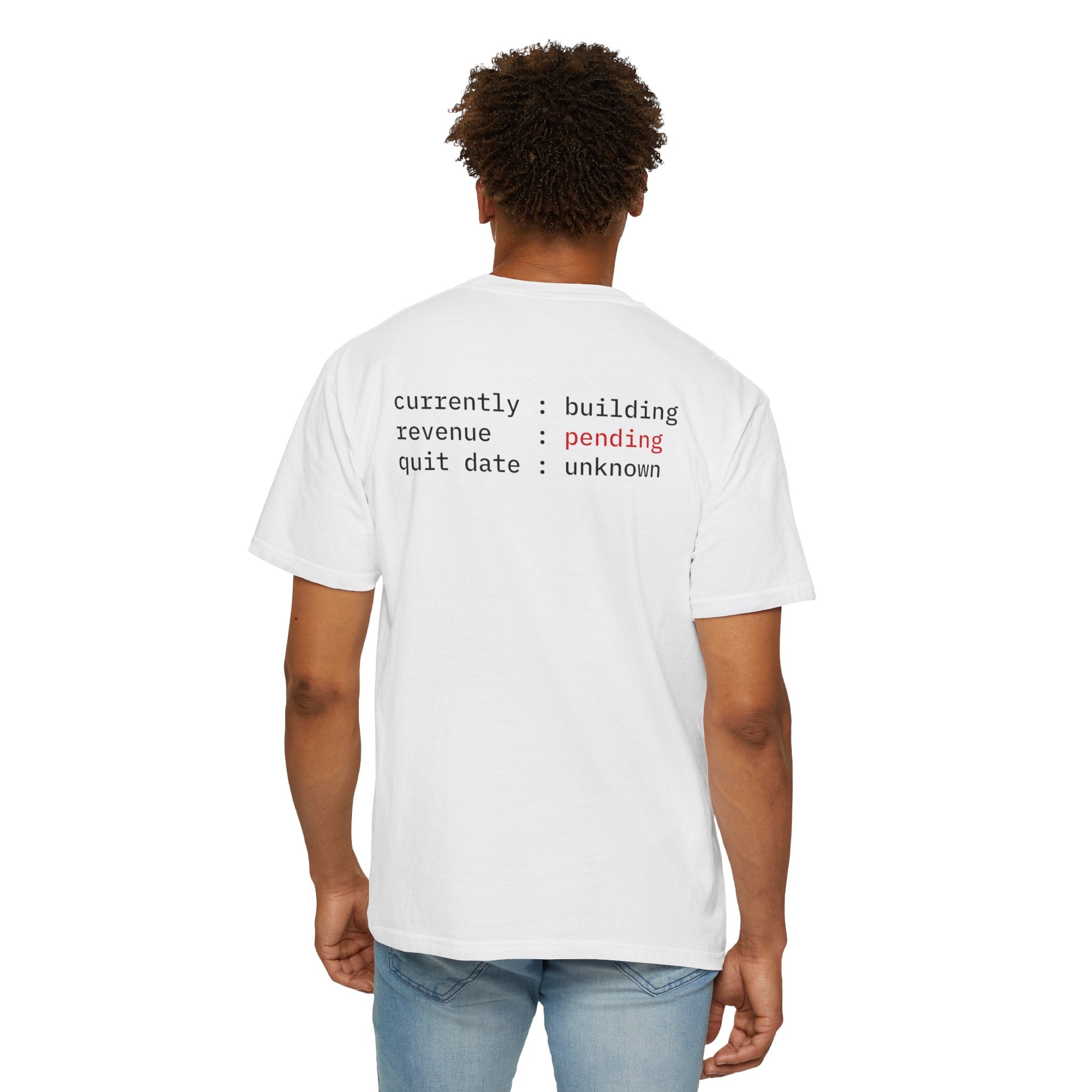 Person wearing a White t-shirt with  text on the back, standing against a white background.