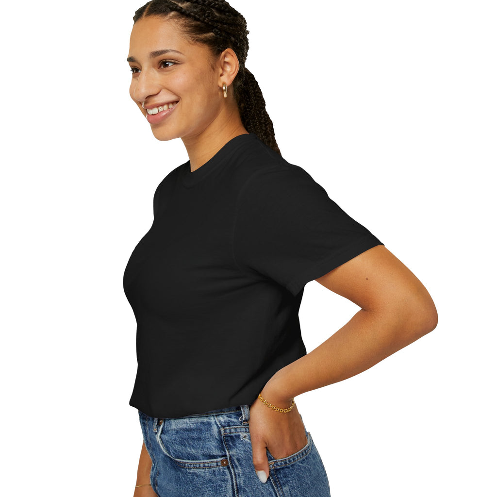 Woman wearing a Black t-shirt and blue jeans on a white background