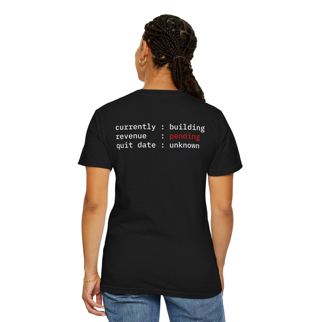 Person wearing a Black t-shirt with texts on the back, on a white background