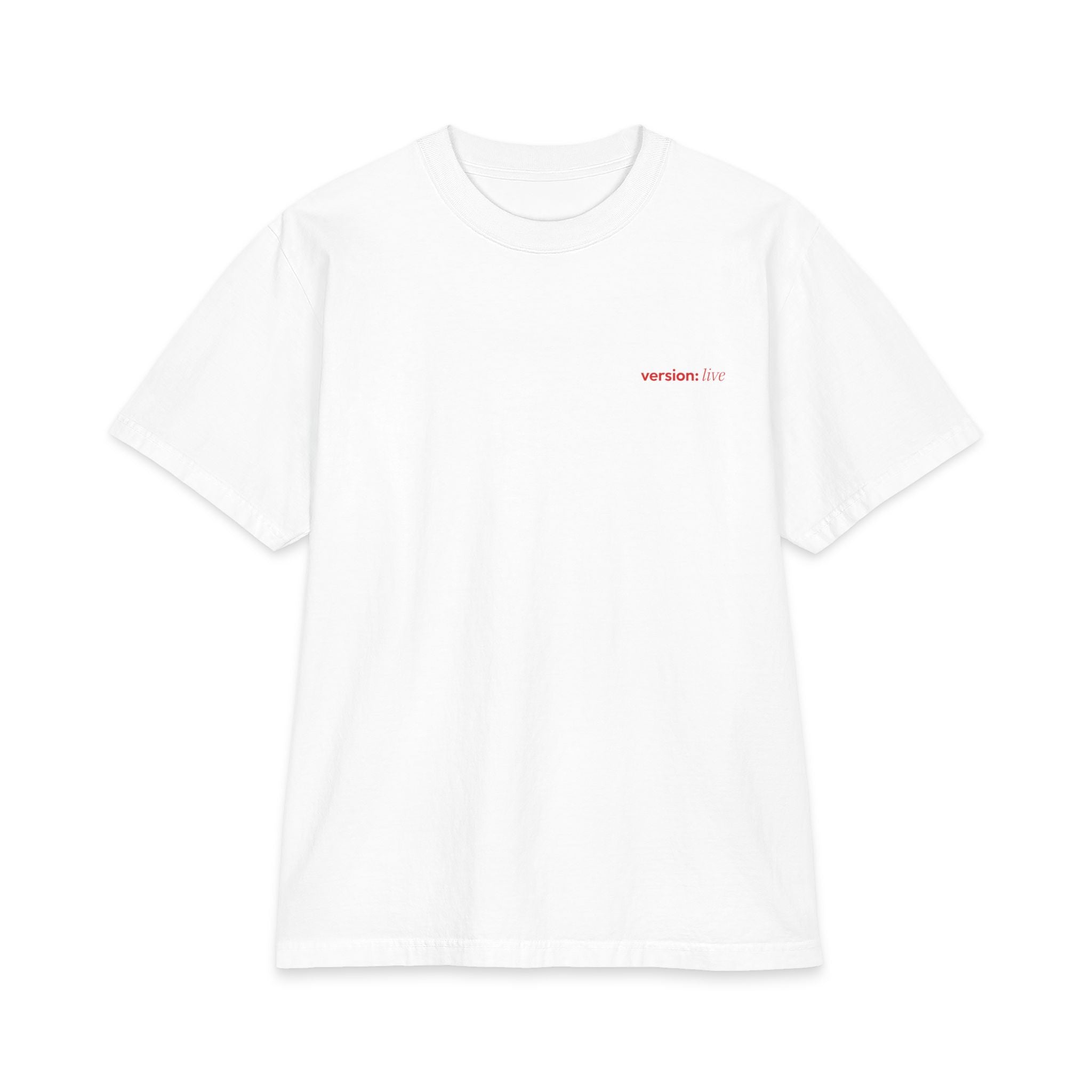 A White short-sleeve  t-shirt with a small red 'version:live' logo printed on the left chest, displayed on a clean white background.