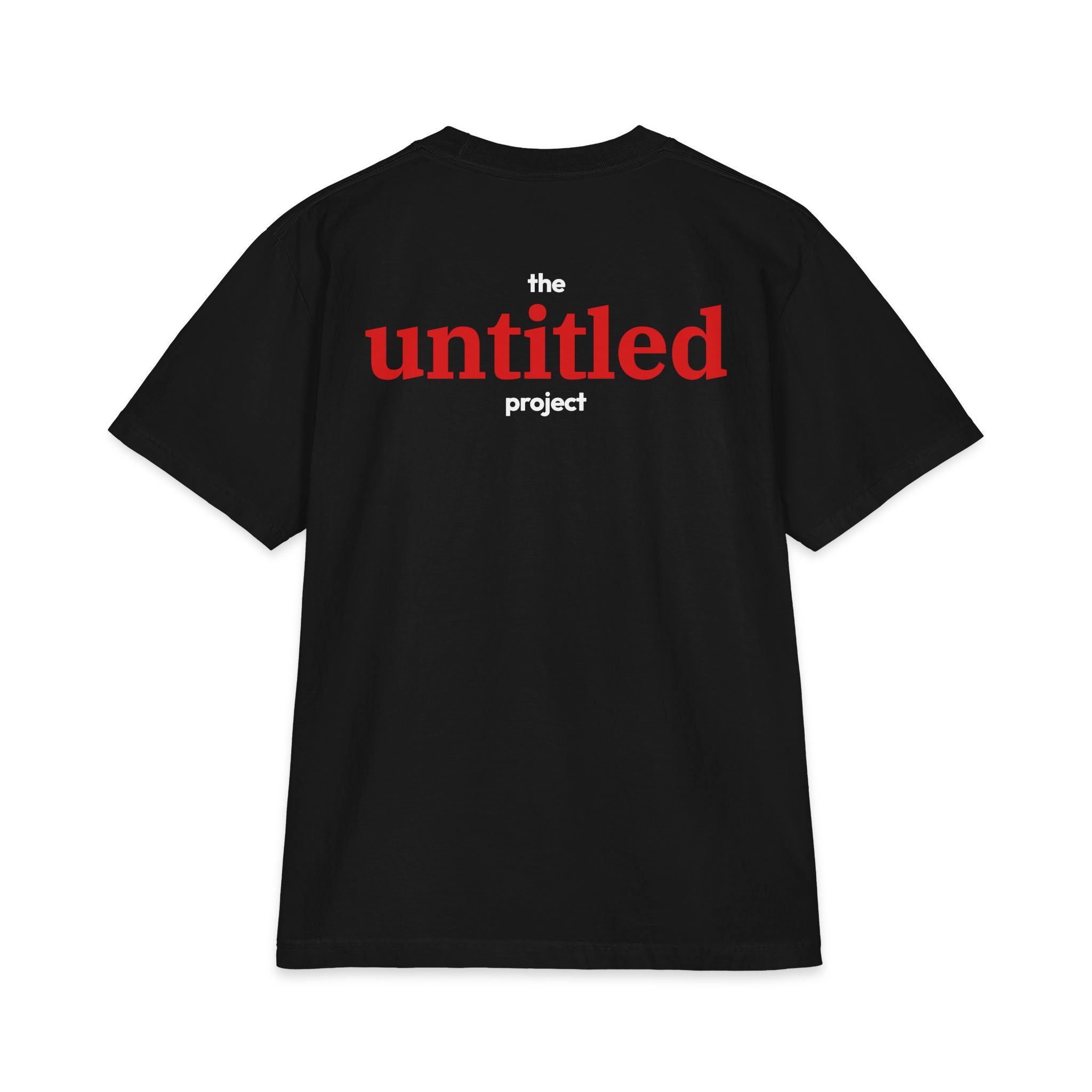 A Black short-sleeve t-shirt with a graphic print on the chest reading 'the untitled project' in red and white text, displayed against a solid white background.