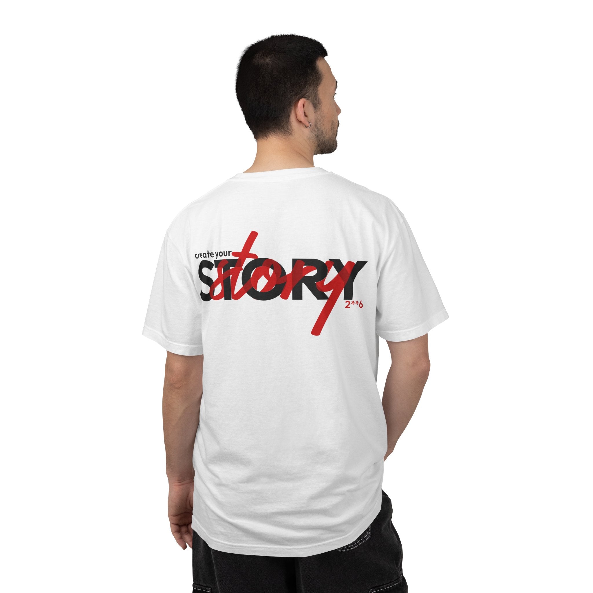 Man wearing a White t-shirt with 'create your story' text on the back, standing against a white background