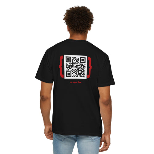 Person wearing a Black t-shirt with a QR code on the back, standing against a white background.