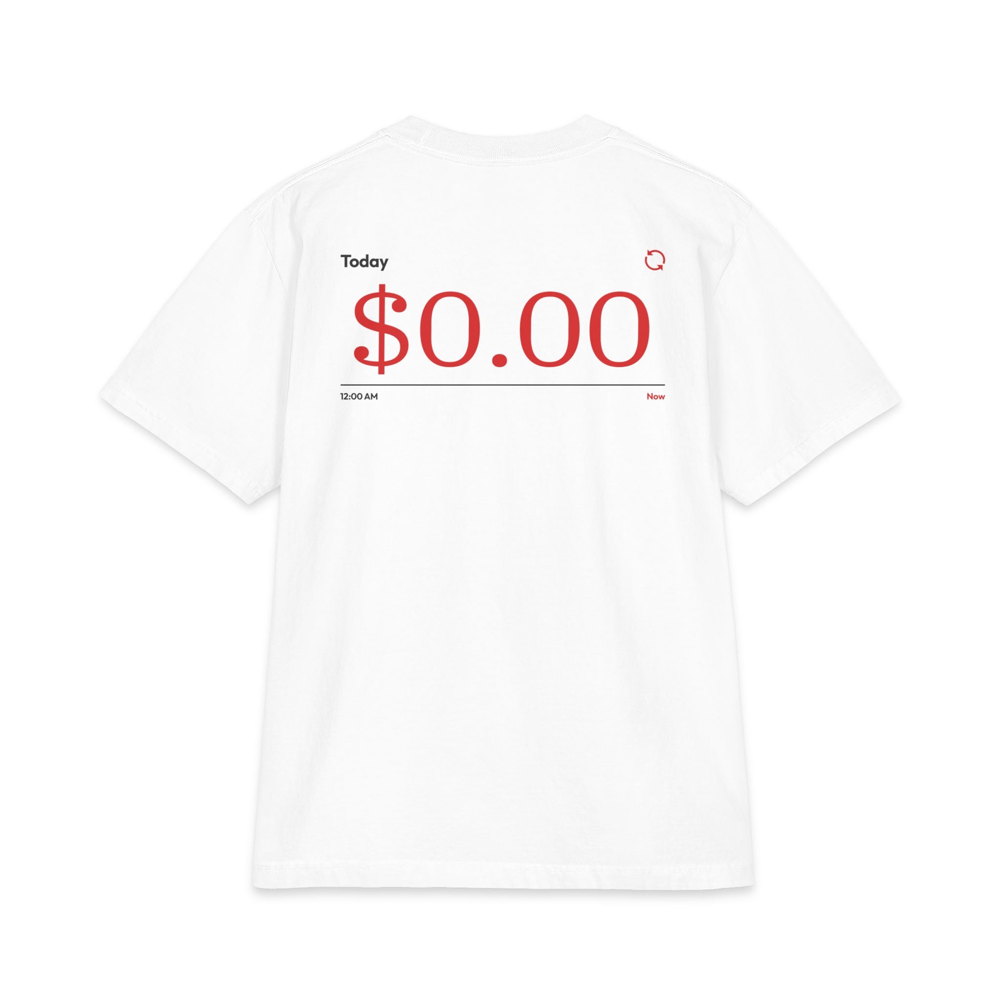 A White short-sleeve t-shirt shown from the back, featuring a red graphic print of a check with the text '$0.00' and 'Today' printed in black.