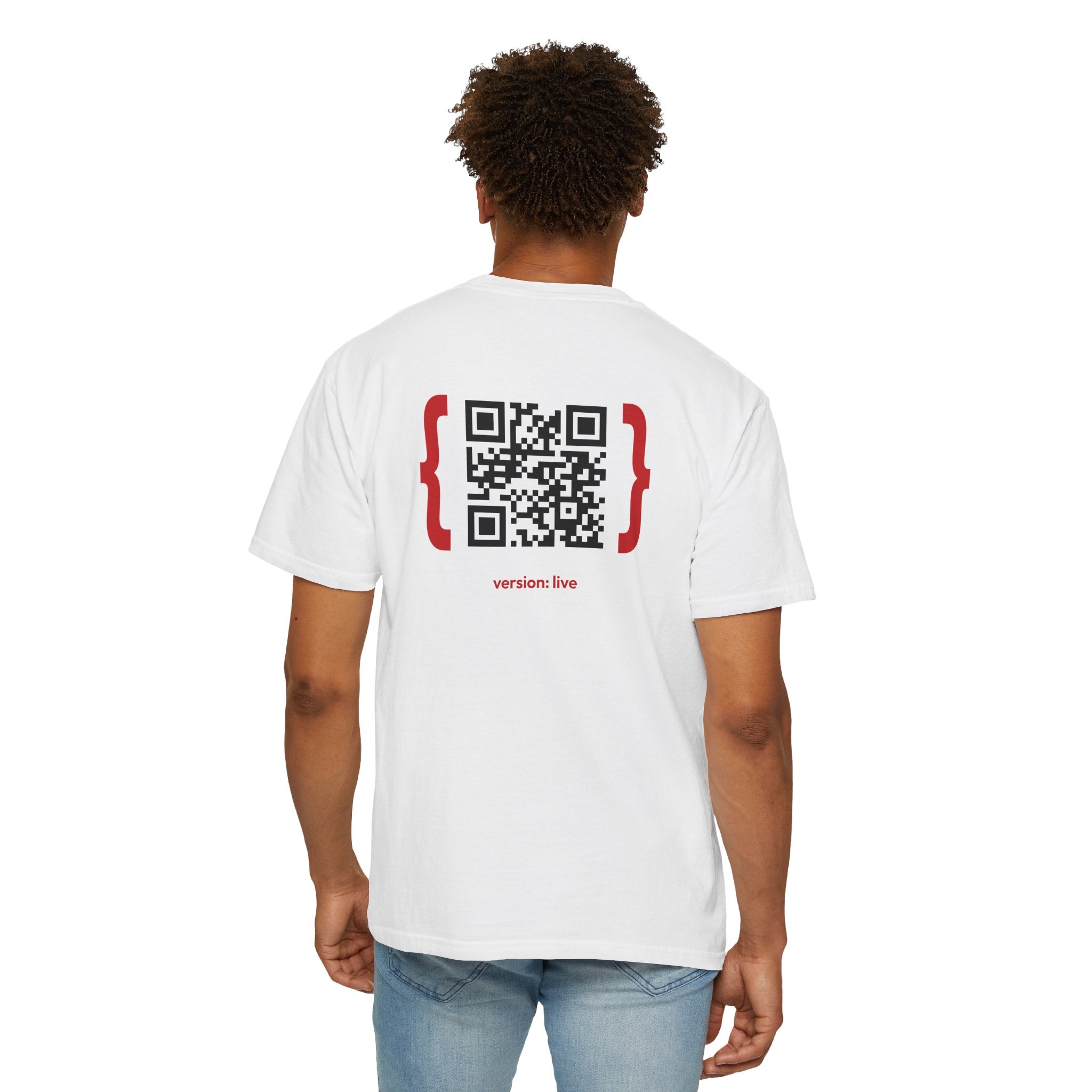 Person wearing a White t-shirt with a QR code on the back, standing against a white background