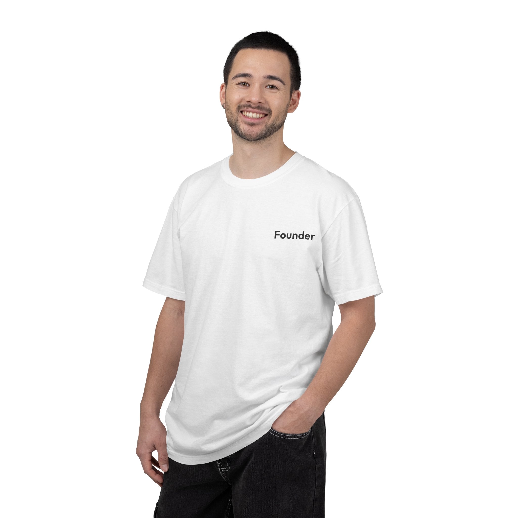 Man wearing a White t-shirt with a text saying founder on a white background