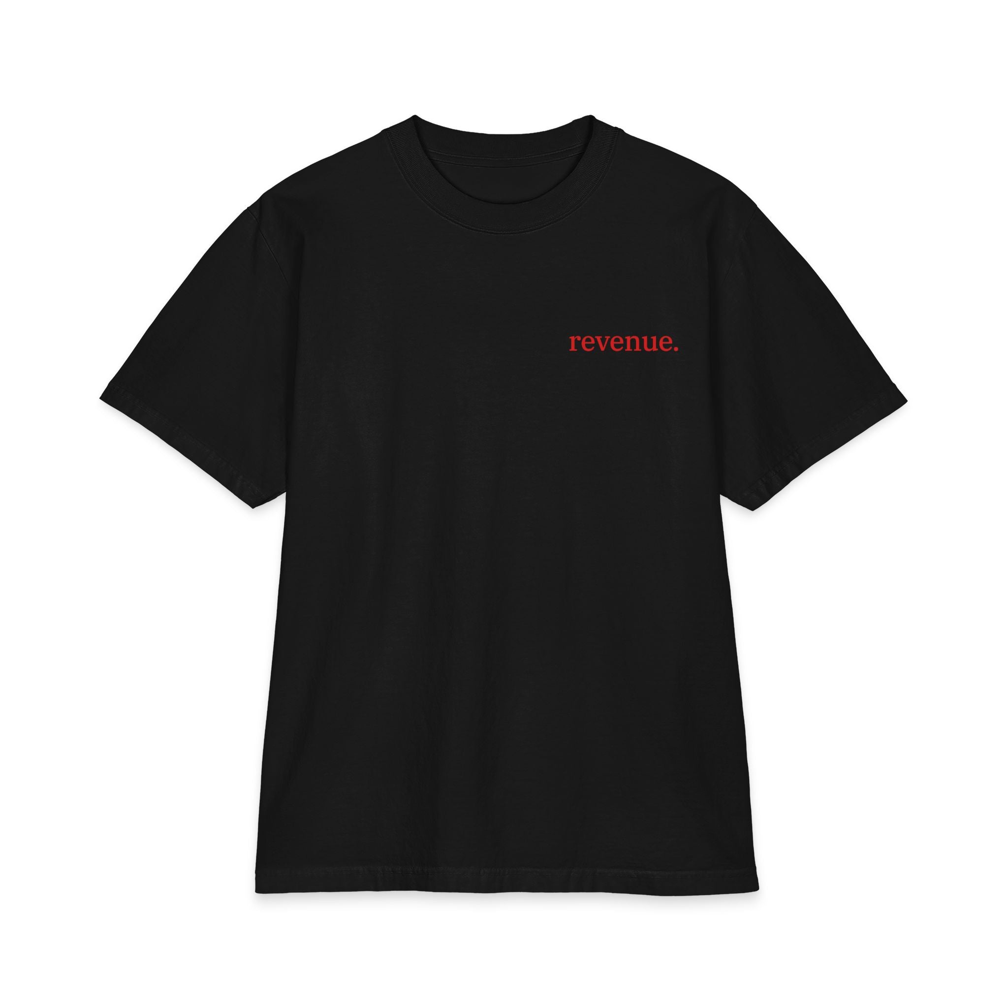 Black t-shirt with red text on a white background